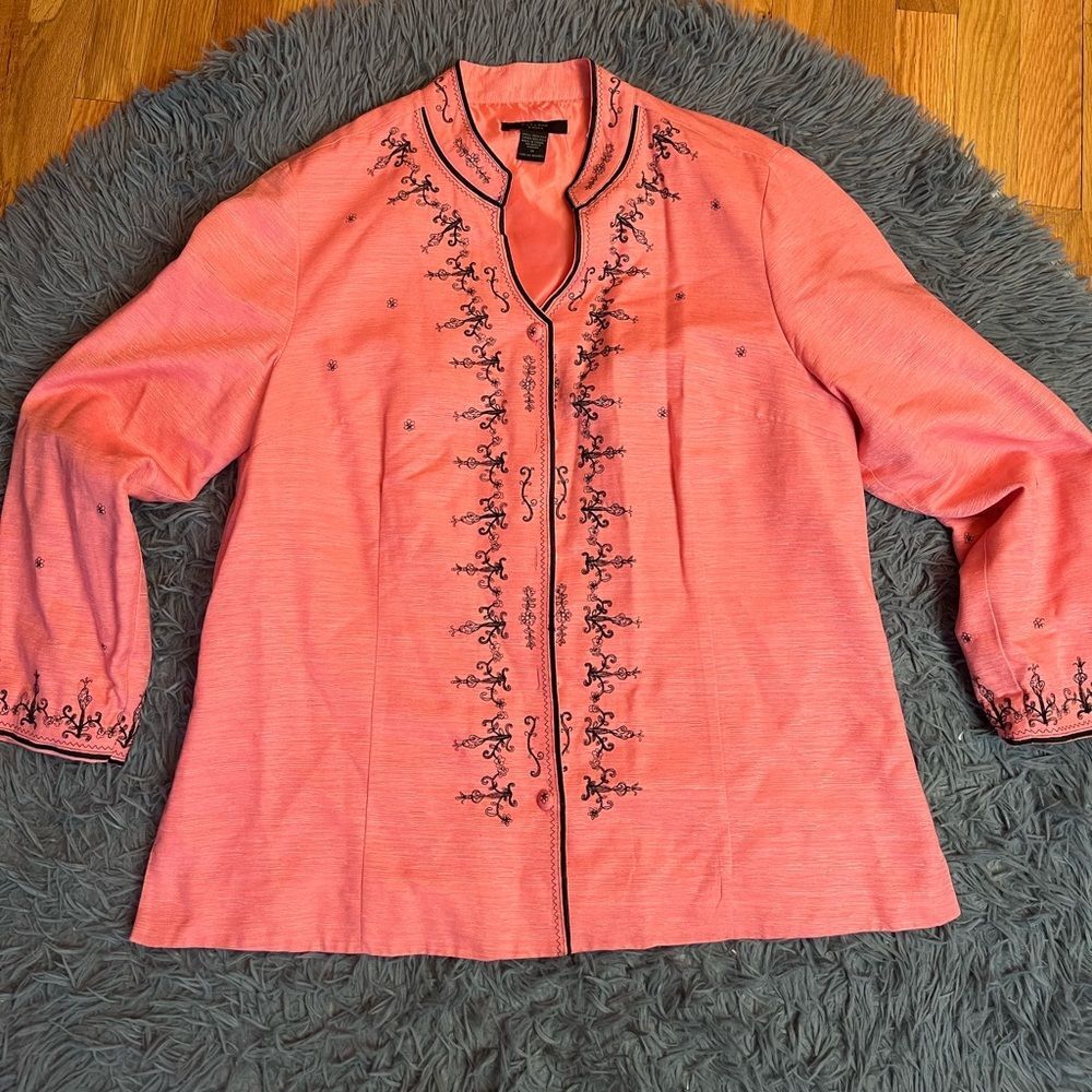 SilkLand Silk Floral Beaded Asian Frog Buttons Salmon Pink Blouse Size 1X
